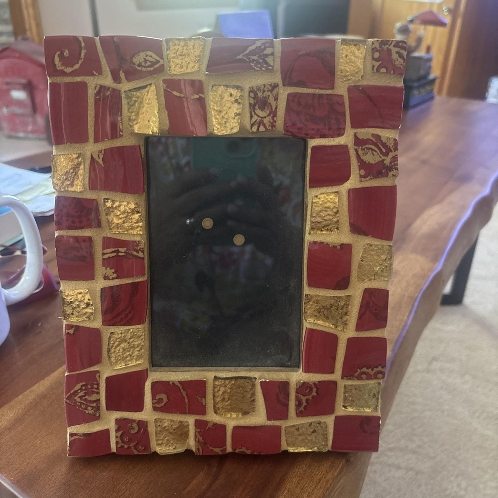 Handmade Mosaic Red Gold Frame Mediterranean 7.5x9.5 Photo 3.5x5.5